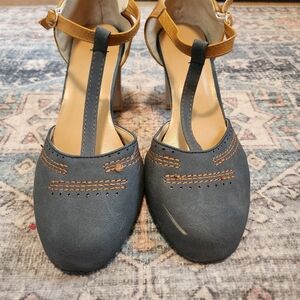 Elegant Women's T-Strap Heels in Blue and Tan